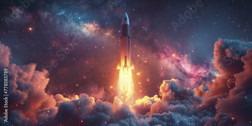 A sleek, minimalist rocket ascending against a backdrop of abstract stars, depicting ambitious business projects taking off towards success.