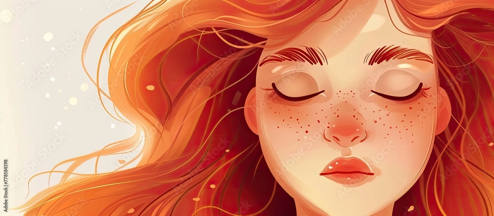 A woman with red hair and freckles is peacefully sleeping, her eyes closed and long eyelashes resting on her cheeks. Her nose, lips, eyebrows, and jaw are all relaxed, creating a serene expression