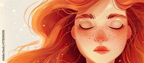 A woman with red hair and freckles is peacefully sleeping, her eyes closed and long eyelashes resting on her cheeks. Her nose, lips, eyebrows, and jaw are all relaxed, creating a serene expression © AkuAku