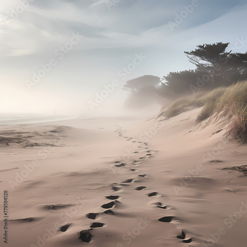 A trail of footprints in the sand leading into a festering mist photo
