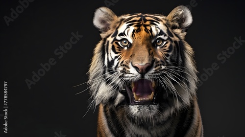 portrait of a happy tiger  photo studio set up with key light  isolated with black background and copy space