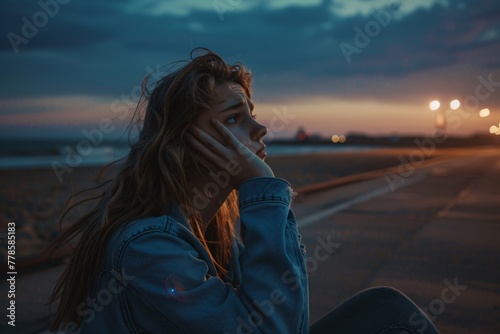 A girl having depression episode, alone by the beach road