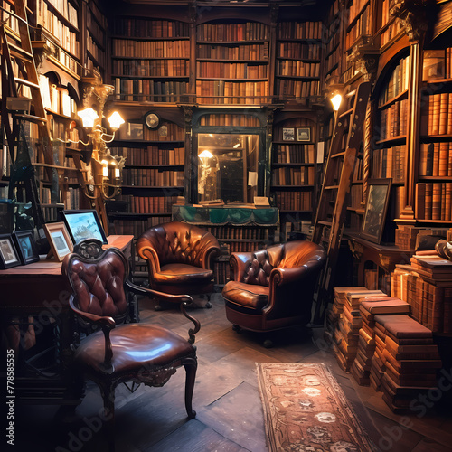 An old bookshop with shelves filled with antique books