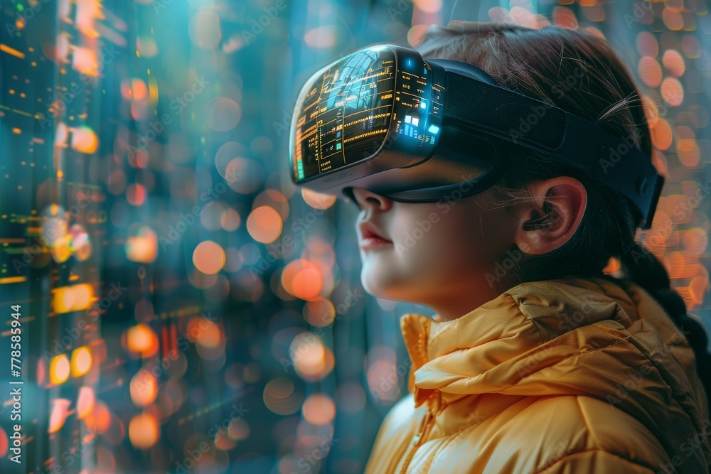 A child wearing augmented reality glasses. Modern technology