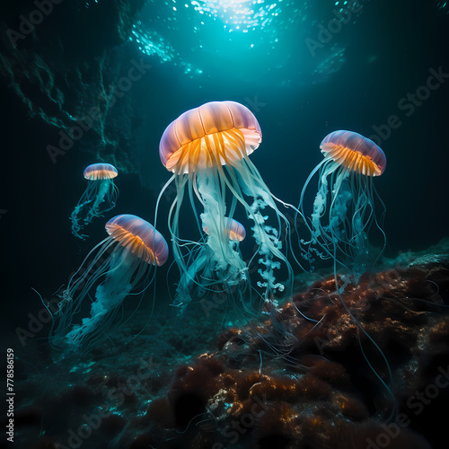 Bioluminescent jellyfish in an underwater cave. 