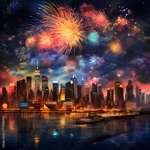Colorful fireworks over a cityscape.