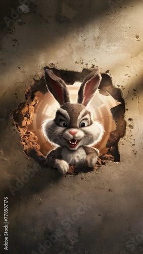 Easter bunny poster peeking out of a hole in the wall with copy space, rabbit jumps out of a torn hole