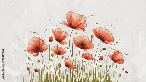 Japanese crushed paper, featuring delicate poppy flowers. The natural mineral pigments bring out the vibrant reds and oranges of the flowers, contrasting beautifully against the white background.