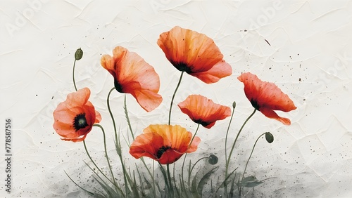 Japanese crushed paper, featuring delicate poppy flowers. The natural mineral pigments bring out the vibrant reds and oranges of the flowers, contrasting beautifully against the white background.