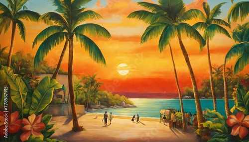 Imagine a captivating mural that seamlessly blends the vivacious spirit of salsa music with the serene beauty of a tropical oasis. This mural concept, titled "Salsa Rhythms in the Tropical Oasis," 