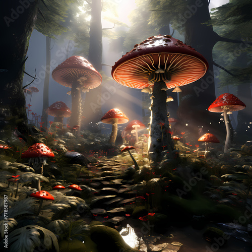 Giant mushrooms in a fantasy mushroom forest.