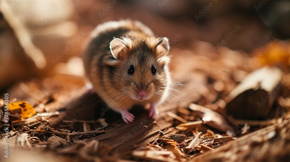 Close-Up of Wild Mouse Exploring Autumn Forest Floor Illuminated by Sunlight Close-Up of Wild Mouse Exploring Autumn Forest Floor Illuminated by Sunlight