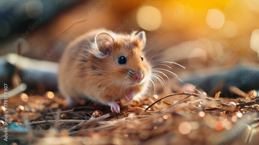Sunlit Wild Mouse in Close-Up Amidst Autumn Forest Floor Sunlit Wild Mouse in Close-Up Amidst Autumn Forest Floor