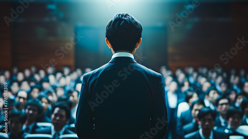 聴衆の前に立つスーツ姿の若い男性の後ろ姿 photo
