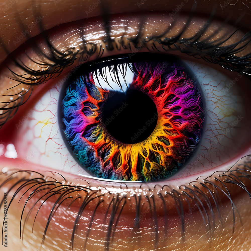 Macro shot of an eye with vibrant colors. 