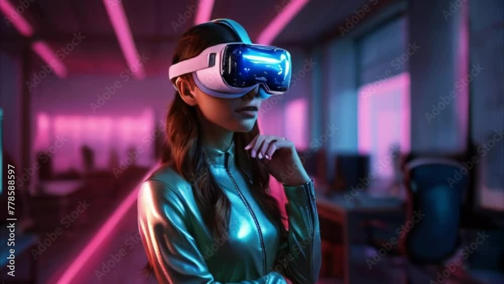 Portrait of Young Adult Female Using Virtual Reality Goggles in Creative Office. Woman Using Futuristic Augmented Reality Software for Managing Business and Marketing Projects Portrait of Young Adult Female Using Virtual Reality Goggles in Creative Office. Woman Using Futuristic Augmented Reality Software for Managing Business and Marketing Projects