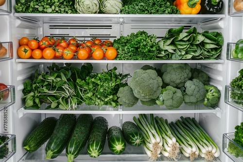Refrigerator shelves stocked with vegetables. Promoting healthy eating and vegan lifestyle.