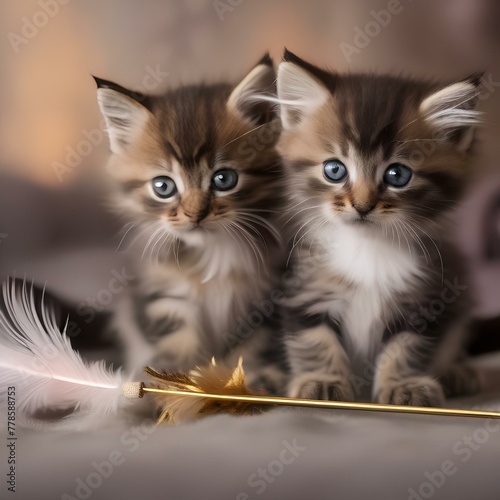 A trio of kittens with fluffy tails, playing with a feather wand toy5 photo