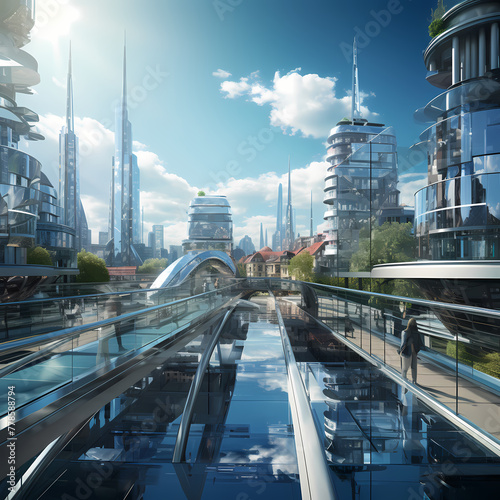 Modern city with transparent glass walkways.