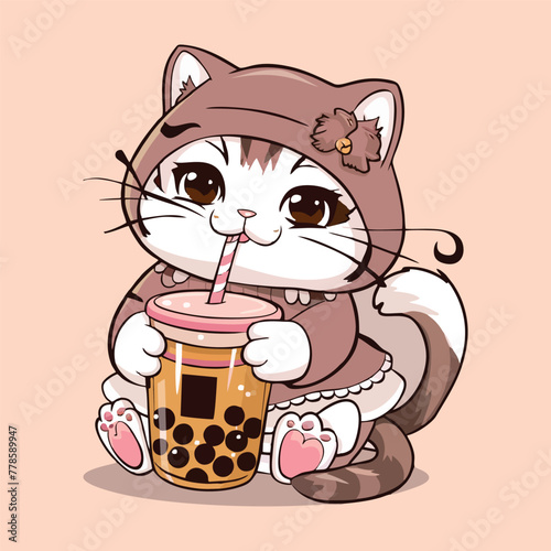  Kawai anime cat vector illustration for t-shirt design. The playful cat and drinking bubble tea cup. illustration for use to t-shirt, stickers, marchendise and more photo