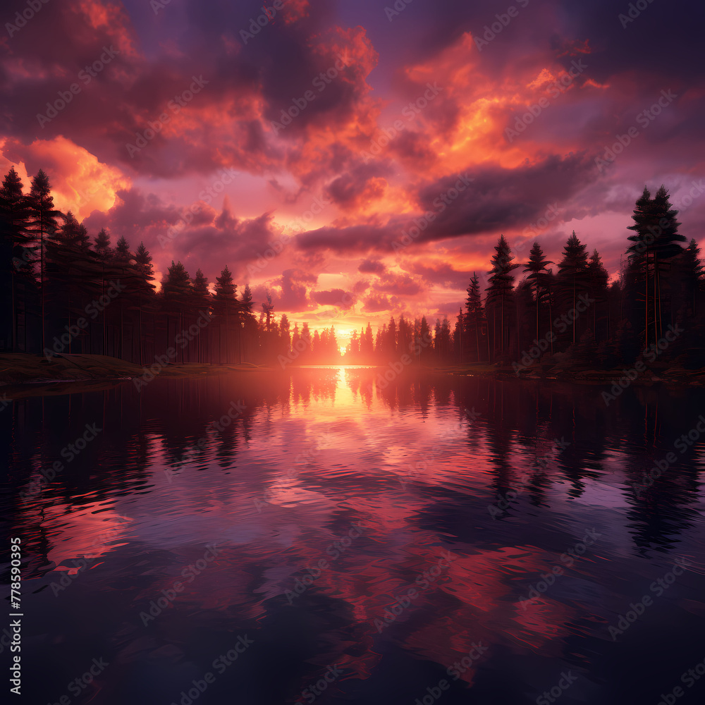 A dramatic sunset over a calm lake.
