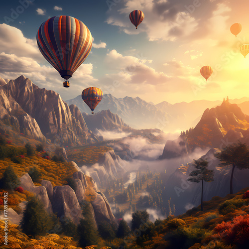 A cluster of hot air balloons floating over a valley