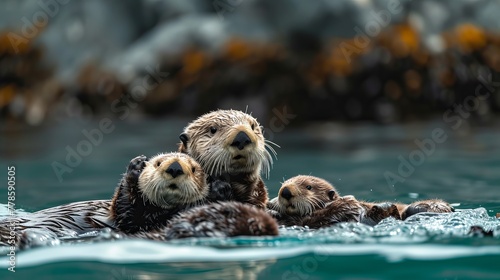 Marine Wildlife Captured: Otters Peacefully Floating Amidst Kelp in Sunlit Ocean