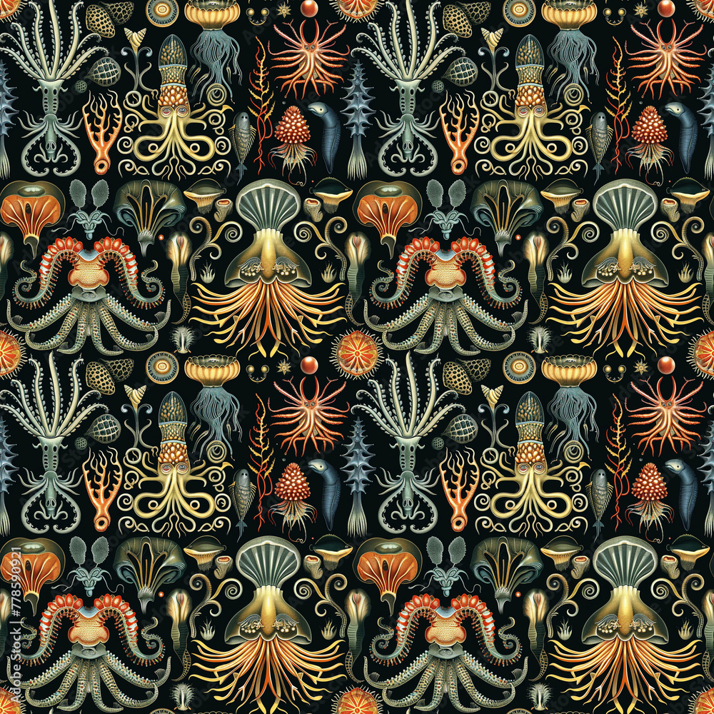 Fictional sea creatures wallpaper, seamless pattern, sea creatures background, weird sea lifeforms, deep-sea aliens, fantasy sea creatures, marine life