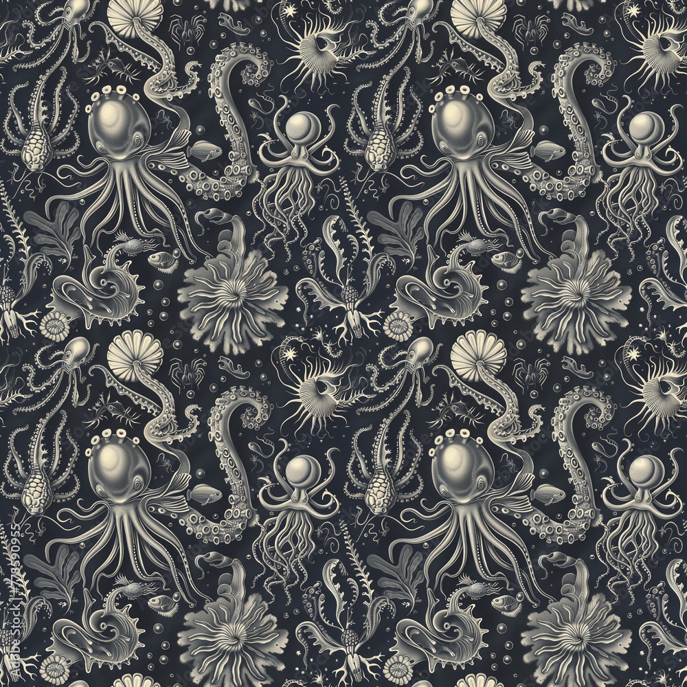 Fictional sea creatures wallpaper, seamless pattern, sea creatures background, weird sea lifeforms, deep-sea aliens, fantasy sea creatures, marine life Fictional sea creatures wallpaper, seamless pattern, sea creatures background, weird sea lifeforms, deep-sea aliens, fantasy sea creatures, marine life