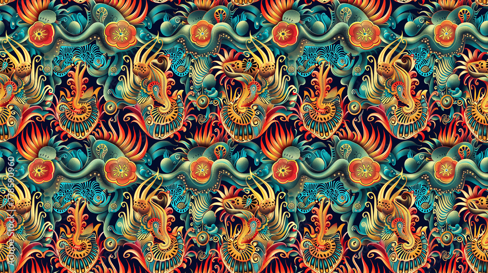 Fictional sea creatures wallpaper, seamless pattern, sea creatures background, weird sea lifeforms, deep-sea aliens, fantasy sea creatures, marine life