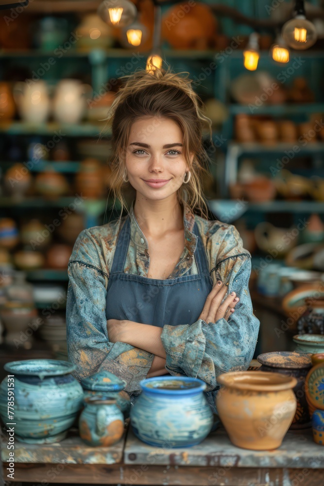 A woman craftmaster at a pottery shop.
