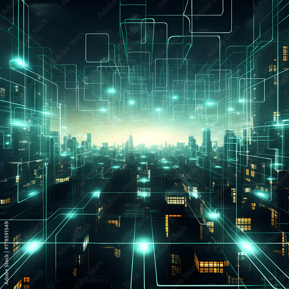 Abstract shapes forming a futuristic city grid. 