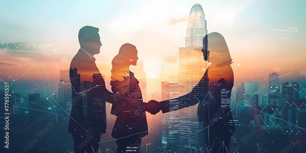 Double exposure image of business people handshake on city office building in background showing partnership success of business deal. Concept of corporate teamwork, trust partner and work agreement. - obrazy, fototapety, plakaty 