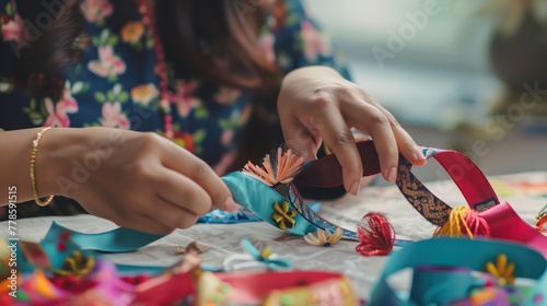 A young woman is showing her expertise in her craft. They made colorful rose ribbons inspired by Parul.