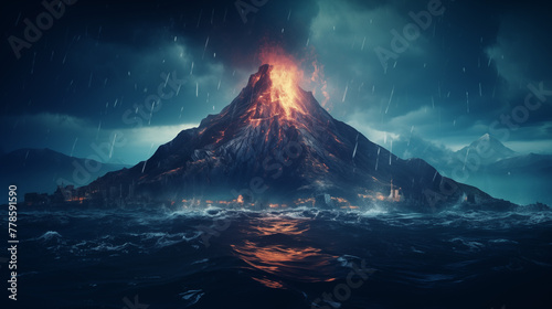 Volcanic Eruption with Fiery Lava Flowing into Sea During Rain