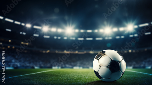 Soccer Ball on a Field with Bright Stadium Lights and Blue Dusk Sky © heroimg
