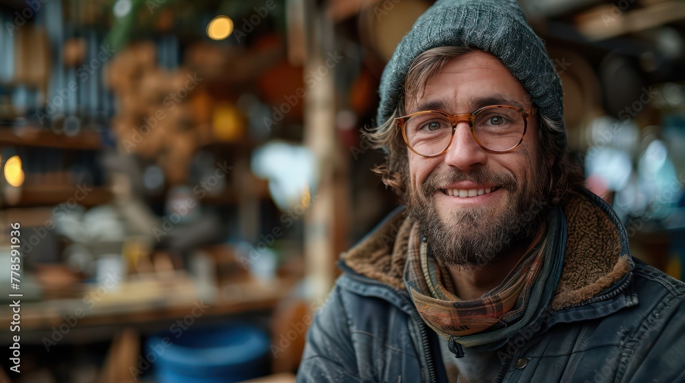 Photo portrait of young happy carpenter while working in his workshop.