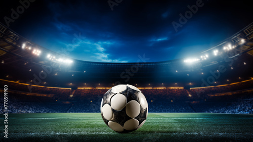 Soccer Ball on Stadium Turf with Blue Night Sky and Spotlights