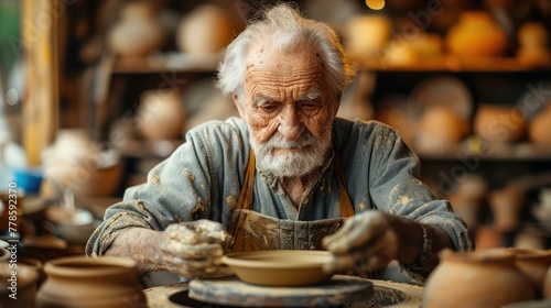 Elderly potter at a wheel  hands covered in clay. Deep lines on his face. Spinning pottery. Rustic studio.