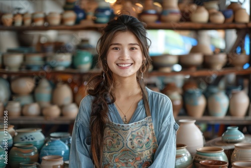 a young beautiful joyful Asian making pottery in pottery workshop studio, happy moment