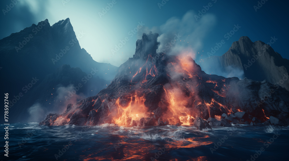 Dramatic Oceanic Volcanic Eruption at Twilight with Fiery Lava Flows