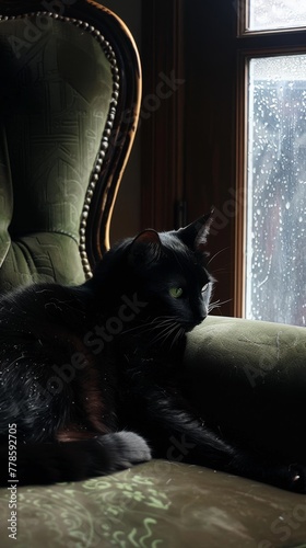 A sleek, black cat lounging on a vintage velvet armchair, its green eyes glowing softly in the dim light of a rainspattered window, embodying the perfect blend of comfort and mystery low noise photo