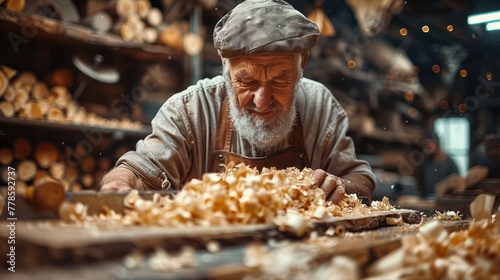 A professional carpenter working in his shop, using hammer and wood chisel to make mortise in piece of wood photo