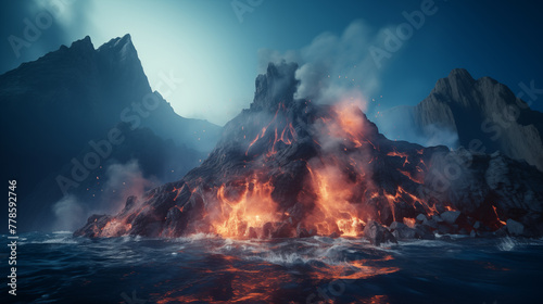 Dramatic Oceanic Volcanic Eruption at Twilight with Fiery Lava Flows photo