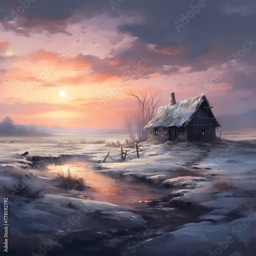 Frozen winter landscape with a solitary cabin.