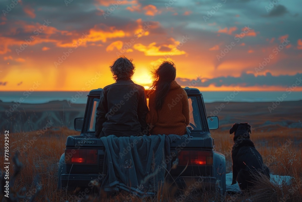 Couple and Dog Enjoying a Sunset in nature, road trip with dog, travel with dog

