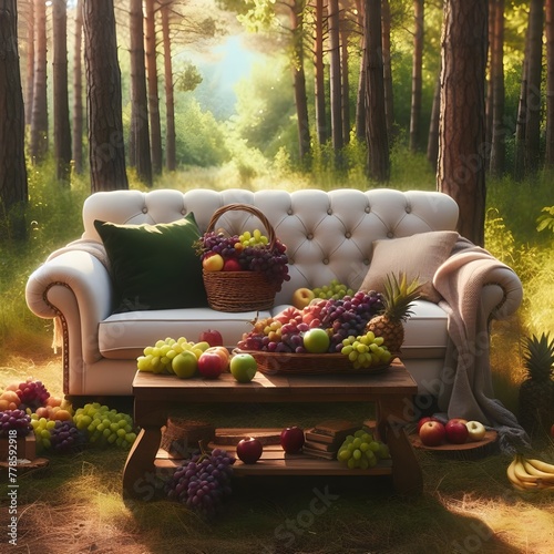 tabale on the nodal in five plats five chair sofa sat eid day cpachei dabal bed in the garden inone table on the a basket full of the grapes, apple , ctarbe an photo