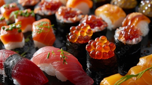 Exquisite handcrafted sushi a showcase of artisanal skill with premium sea urchin and salmon roe photo