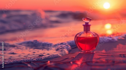 A rubyred perfume bottle, glowing in the sunset on a secluded beach, its color as deep and mysterious as the ocean s depths hyper realistic photo