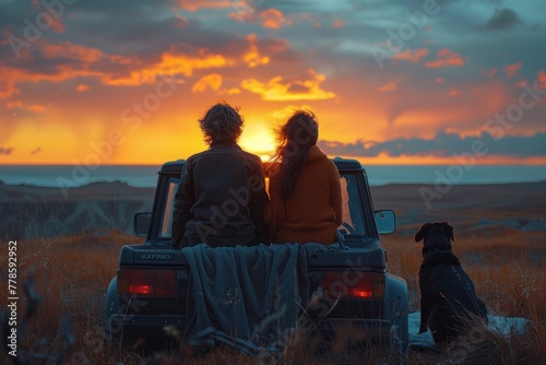 Couple and Dog Enjoying a Sunset in nature, road trip with dog, travel with dog   © Willow Singer